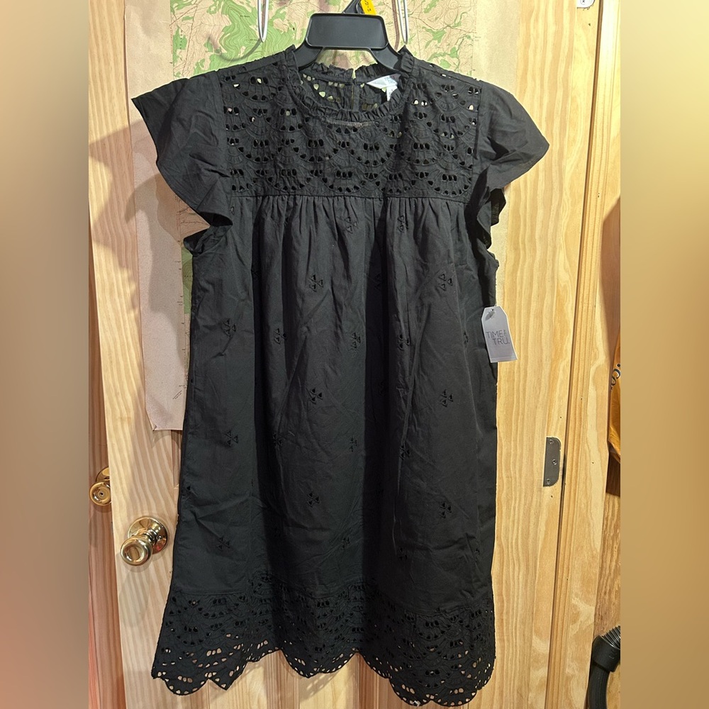 Black Eyelet & Lace Trim Casual Dress